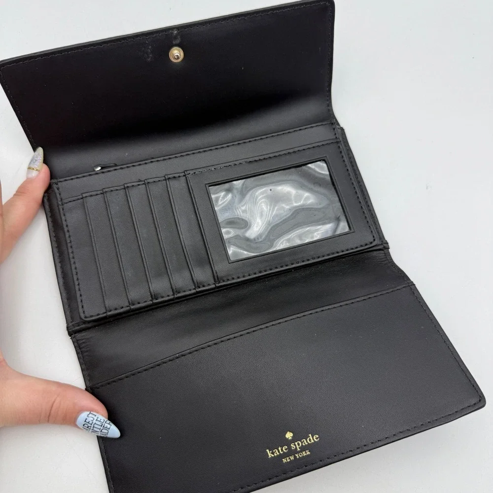 Kate Spade New York Black Pebbled Leather Flap Continental Long Wallet Gold Logo